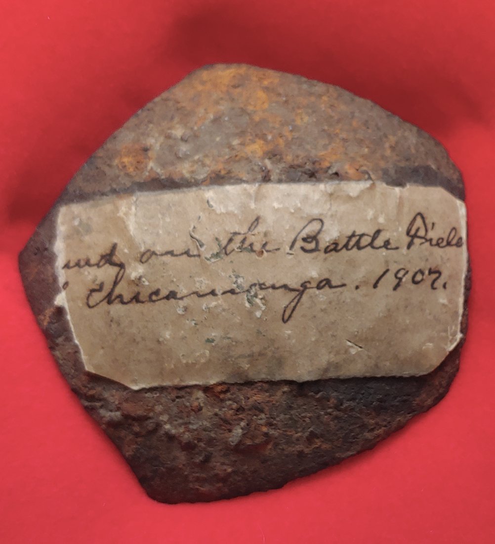 Civil War Shrapnel Bomb Shell Chickamauga Battlefield: Wonderful early battlefield relic with old brown ink note affixed telling that this piece of artillery shell was found at Chickamauga Georgia in 1909. That's 110 years ago. Materials, Packing, and UPS