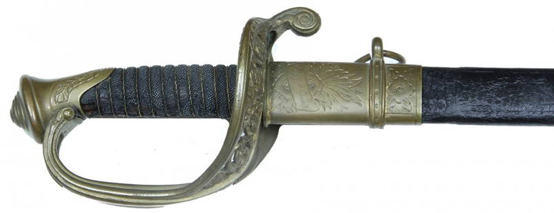 1863 Civil War Presentation Sword Tiffany & Co.: A regulation 1850 pattern foot officer\'s sword with brass mounted leather scabbard. Beautifully engraved on both sides of the top scabbard mount with the officer\'s name and presentation