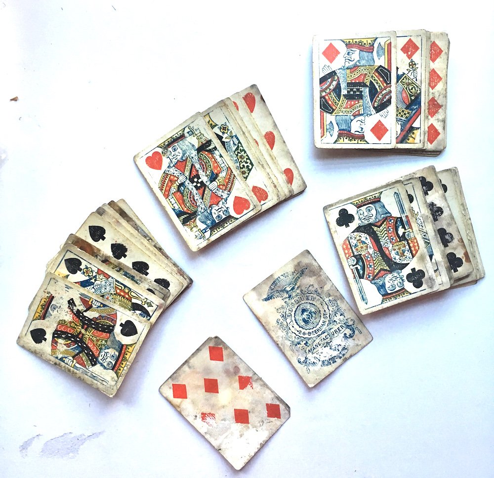 WARTIME CIVIL WAR EXCELSIOR PLAYING CARDS - 137th NY: If these cards look like they have been through a war, they have! These came out of the Hermon Camp house in Trumansburg, NY about 25 years ago. Two trunks of assorted Civil War, and some later materi