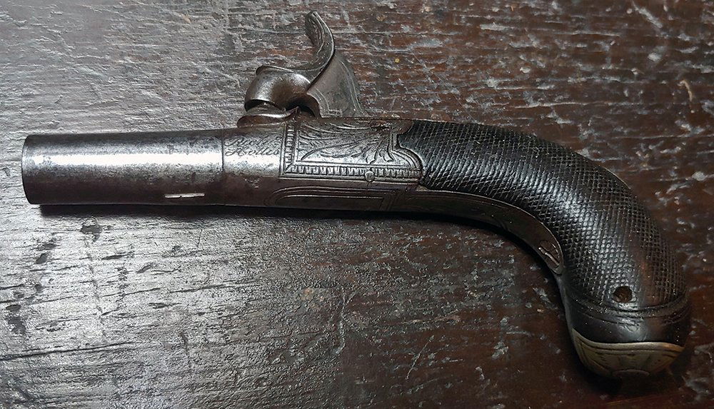 Tiny Percussion Hollis Vest Pocket Pistol: Richard Hollis London 4 inches overall 1.5" barrel. Roughly .30 caliber. Has folding trigger that pops out when the hammer is cocked. Functions "ok" but requires a lot of effort to pull all the way to