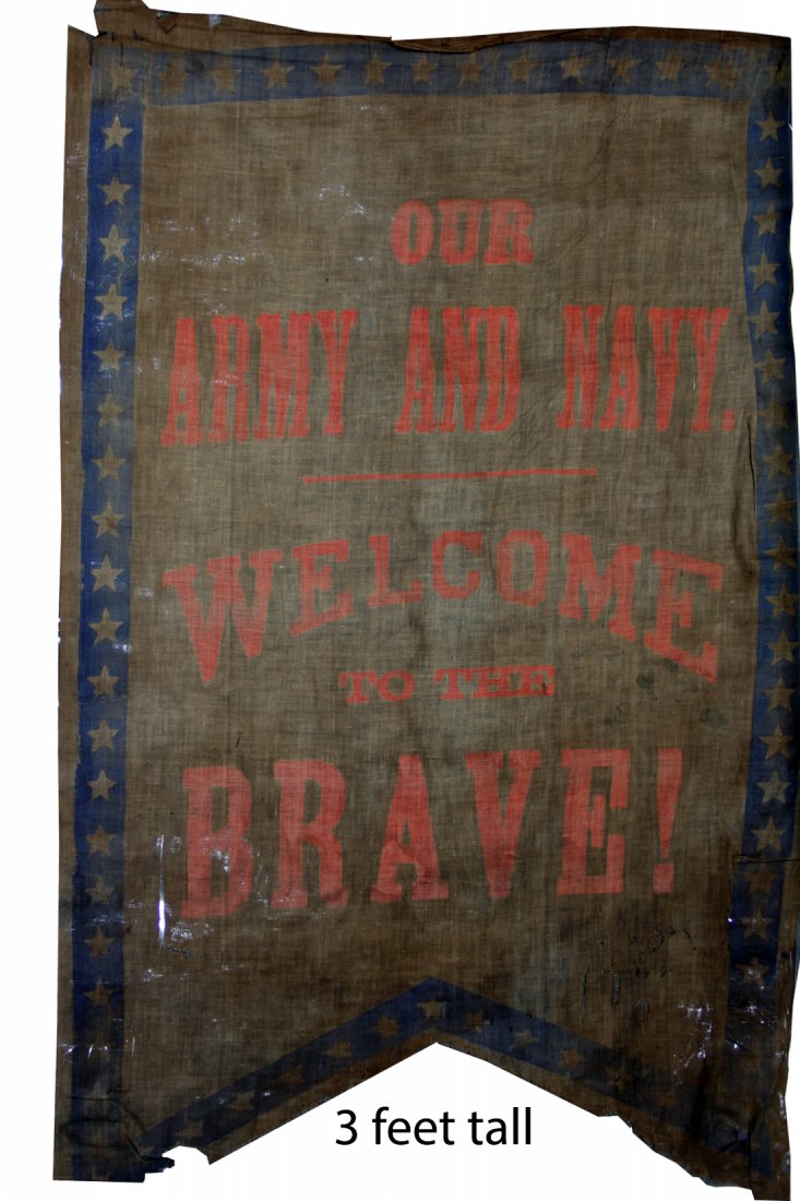 Civil War Ohio Army Navy Welcome Banner 1865 - 1890: A cotton red, white, and blue vertical swallowtail hang flag with red lettering Our Army and Navy. Welcome to the Brave. The flag, made of cotton, measures 3 feet tall by 2 feet wide. An identical spe