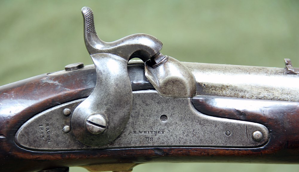 Fine Civil War Whitney Mississippi Rifle: This is an interesting Mississippi Rifle made in 1853 that was among about 11,000 modified by Colt to take a saber bayonet and may also be one of just 468 or so diverted by Colt to the state of Connec