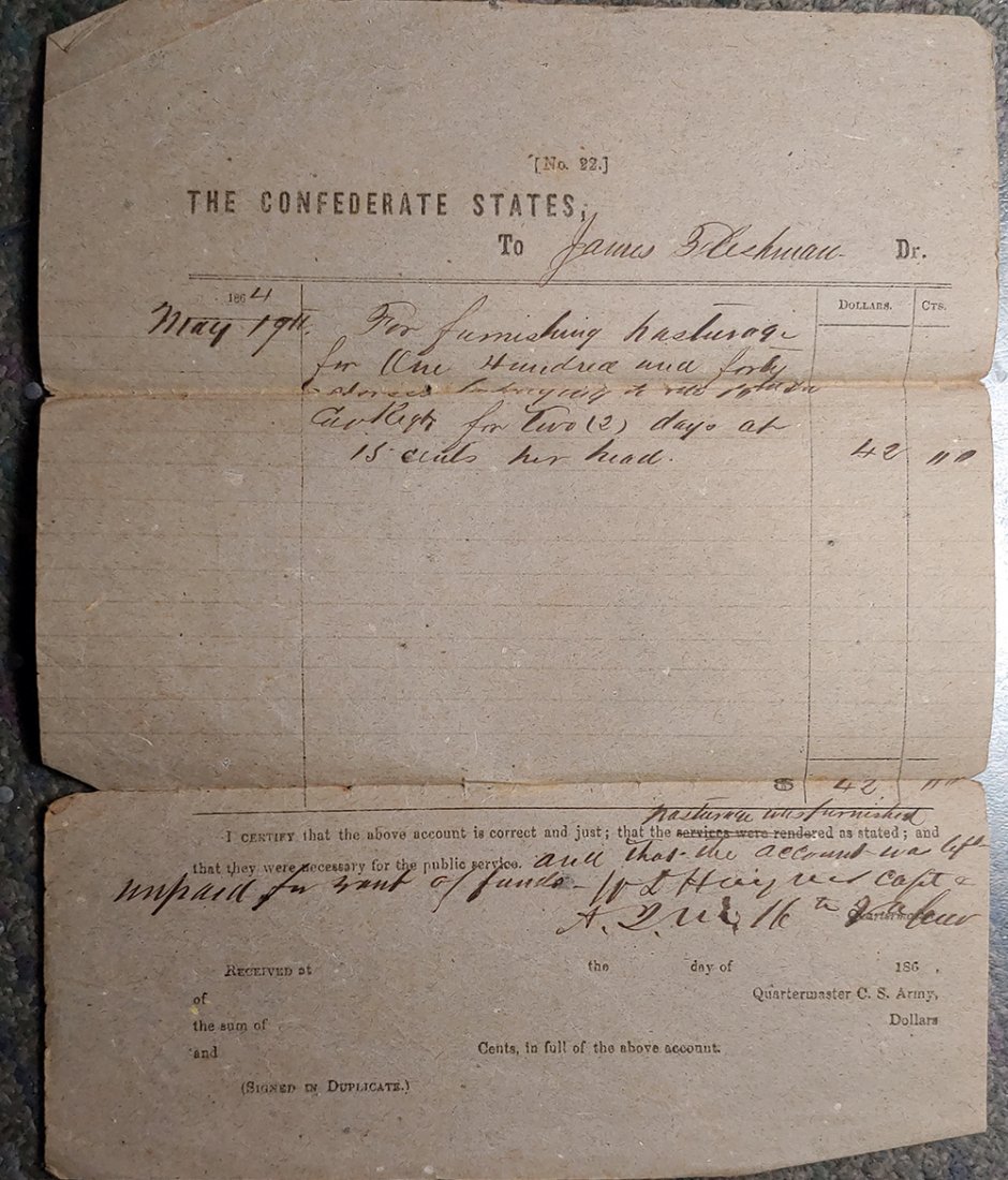 Civil War Confederate Cavalry Document 16th Virginia Ca: Confederate Civil War Document. Civil War Confederate Cavalry Document 8 x 11 sheet on classic CSA government crude brown paper. Issued to Virginia farmer James Fleischman May 19th 1864 $42.00 due him