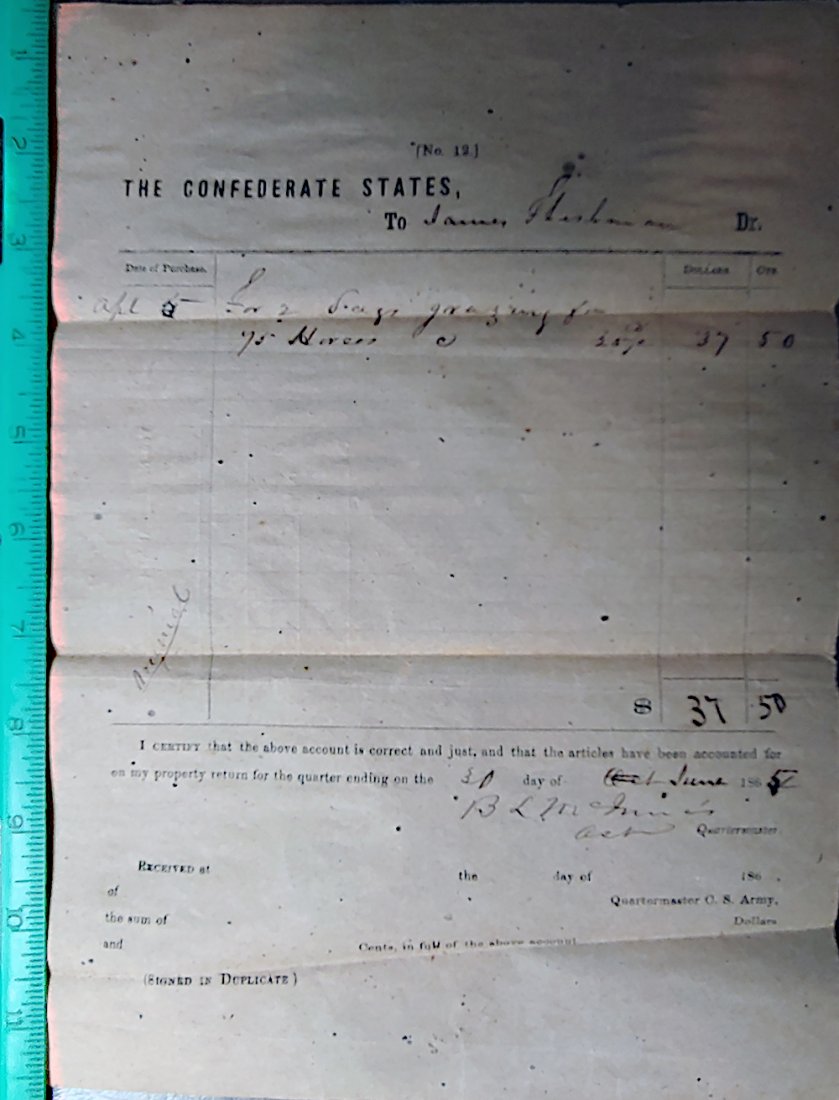 Civil War Confederate Cavalry Document: Genuine Civil War Confederate Cavalry Document April 5th 1865 just days before Lee surrendered to Grant at Appomattox.8 x 11 sheet on classic CSA crude brown paper. To Virginia farmer James Fleischman