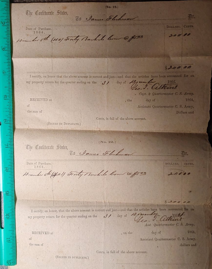 Genuine Civil War Confederate Cavalry Document: Genuine Civil War Confederate 16th Virginia Cavalry Document dated December 5th 1864 8 x 11 sheet on classic CSA government crude brown paper. December 5th 1864. To Virginia farmer James Fleischman. $