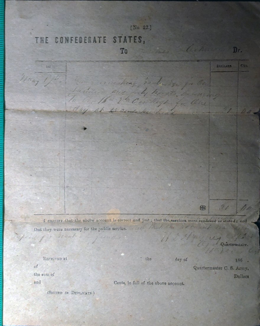 Civil War Confederate Cavalry Document: Civil War Confederate Cavalry Document 8 x 11 sheet on classic CSA crude brown paper. Dated May 1, 1864 To Virginia farmer James Fleischman. $21.00 due him for pasturage of horses of the 16th Virginia