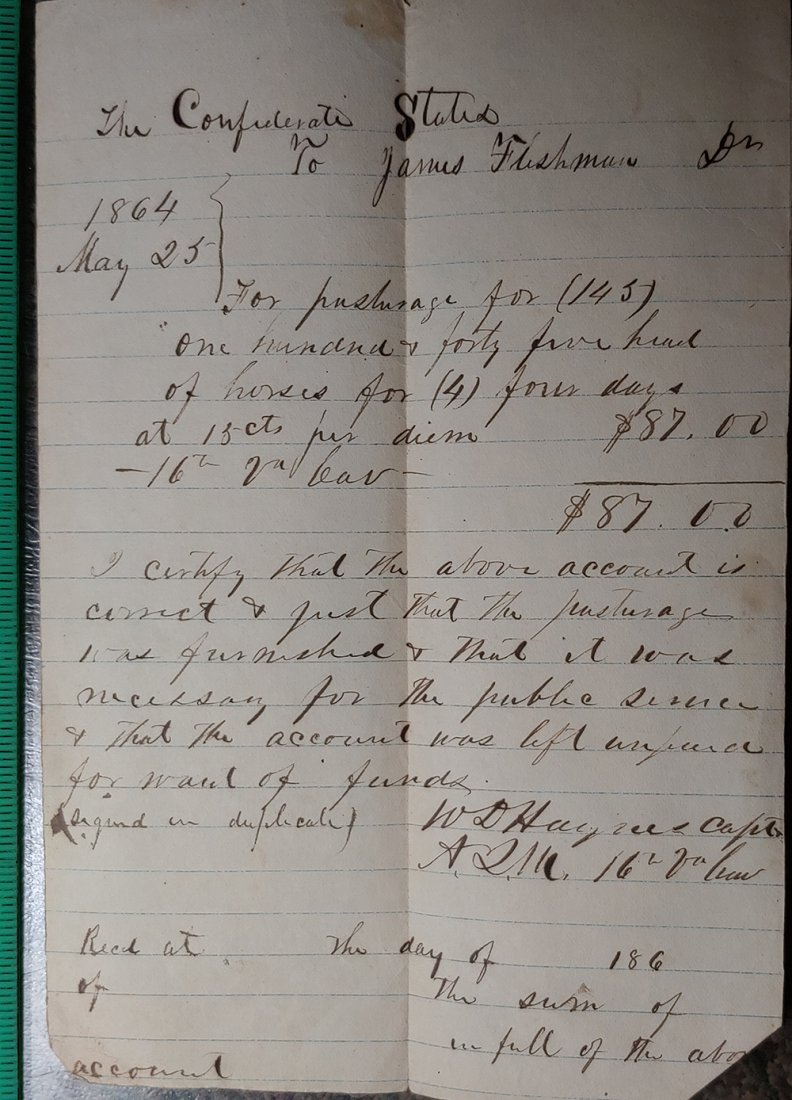 Civil War Confederate Cavalry Document: Civil War Confederate Cavalry Document 6 x 8 inch sheet on good quality paper. Entirely manuscript. The rebs must have run out of official printed forms this month. May 25 1864 To Virginia farmer Jame
