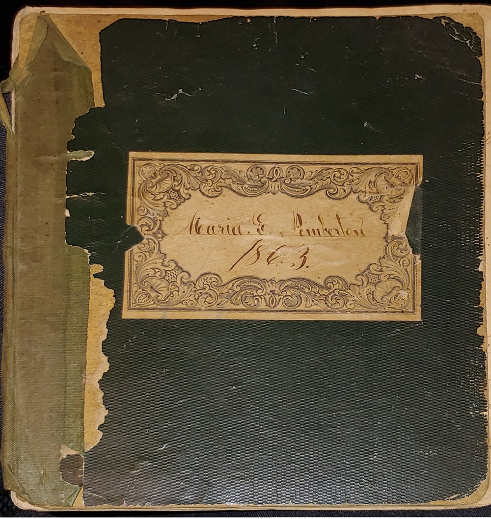 CIVIL WAR 1863 MANUSCRIPT MILITARY SONG BOOK, PEMBERTON: Another piece from the Pemberton family archive. (Please see our other offerings as well from this Ohio family.) 1863 Civil War manuscript song book hand prepared by Maria Elizabeth (Beck) Pemberton 1