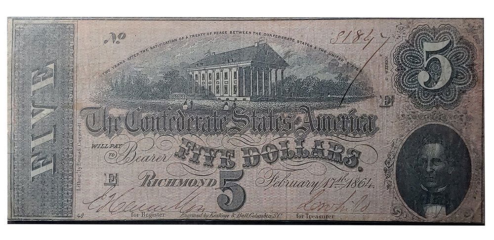 Civil War Confederate $5 Note Money Currency: T-69 Richmond Virginia Confederate $5 five dollar bill, note, paper money, currency February 17, 1864. Excellent condition with strong color and no tears or damage. Materials, Packing, and UPS Shippin