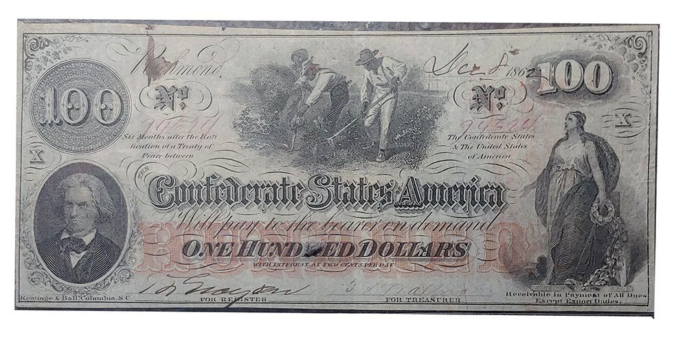 Civil War Confederate $100 Note Money Currency: 1862 $100 Confederate Note T-41 Paper Money Note. Richmond Virginia Confederate $100 one hundred dollar bill, note, paper money, currency December 8, 1862. Plain back bears red stamp INTEREST PAID TO