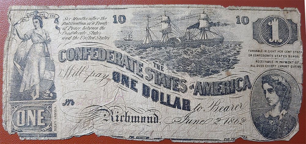 Civil War Confederate $1 Bill Note Money Currency: T-44 Richmond Virginia Confederate $1 five dollar bill, note, paper money, currency June 2, 1862. A fairly scarce note and desirable in any condition. Fair to good condition showing handling and wear.