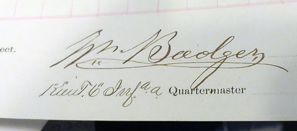 CUSTER MASSACRE SURVIVOR DAKOTA TERR ARMY DOCUMENT: Custer Related Standing Rock Dakota Territory Army Document. Large multi page US Army inventory form for the Fourth quarter 1875 Signed by Custer friend Lieut. Wm. Badger 6th US Infantry . Very large 