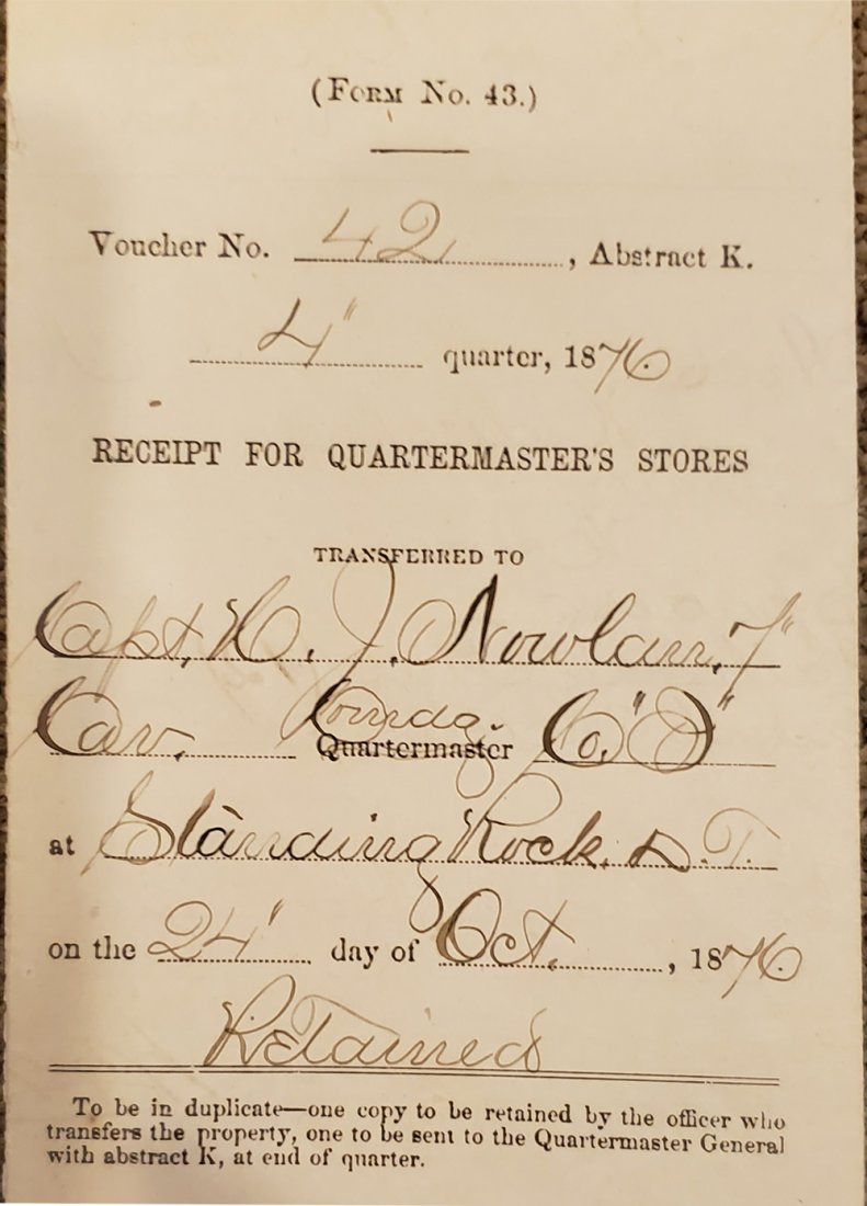CUSTER MASSACRE RELATED 7th US CAVALRY ARMY DOCUMENT: Custer Related Standing Rock Dakota Territory Army Document. Government printed army document RECEIPT FOR QUARTERMASTER STORES for Capt. A.J. Nowlan 7th U.S. Cavalry Standing Rock Dakota Territory Oct