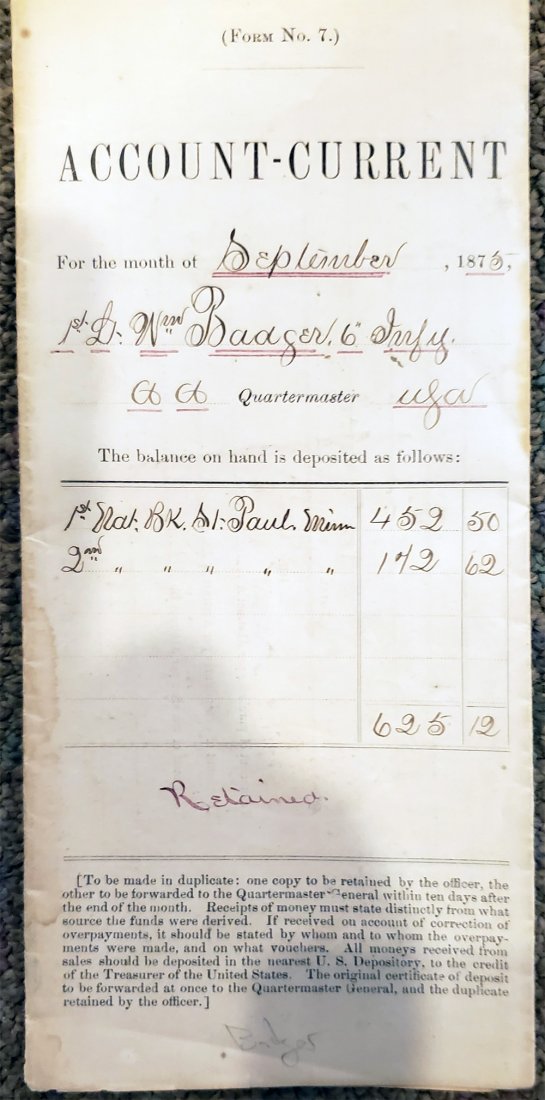 CUSTER RELATED STANDING ROCK DAKOTA TERRITORY ARMY DOC: Custer Related Standing Rock Dakota Territory Army Document. Large fold-out US Army ACCOUNT CURRENT form for September 1875 Signed by Custer friend Lieut. Wm. Badger 6th US Infantry . printed form mea