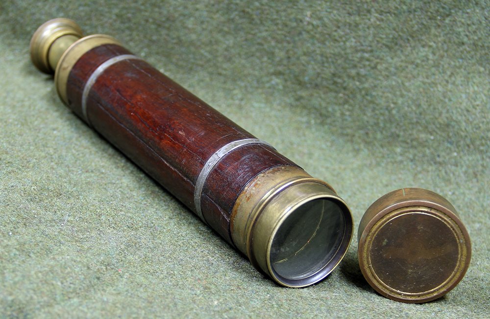 Civil War Telescope Phila Signed Engraved: This pretty, three-draw telescope was made by a known Civil War maker and is beautifully engraved in period script near the eyepiece: Jas. W. Queen & Co. / Philadelphia Pa. / Power 25 times. James W. 