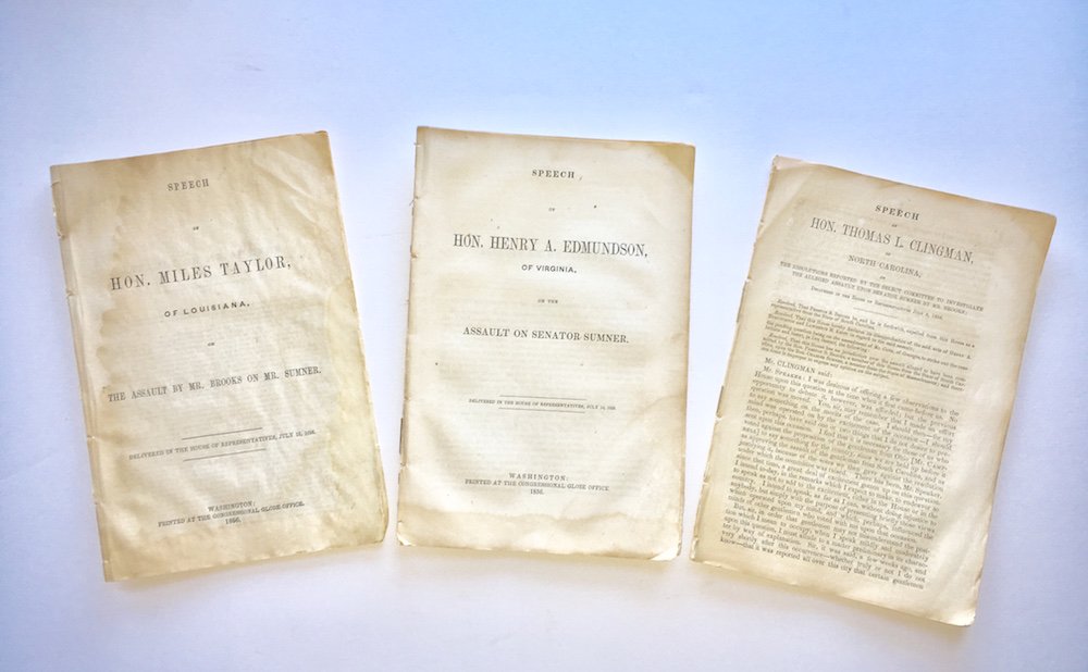 THREE 1856 SPEECHES DEFENDING PRESTON BROOKS: Three 1856 speeches by southern congressmen regarding the 1856 attack on Charles Sumner on the floor of the Senate. Needless to say, they are not supporters of Sumner. They include the speech of Henry