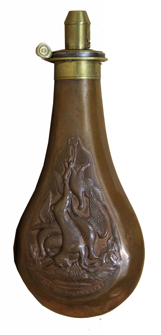 Very Pretty Civil War era Dixon and Sons Powder Flask: A near perfect condition powder flask maker marked by Dixon and Sons in a scroll ribbon along the bottom edge. The motif is game bagged by the hunter hanging upside down- various birds and a rabbit. T