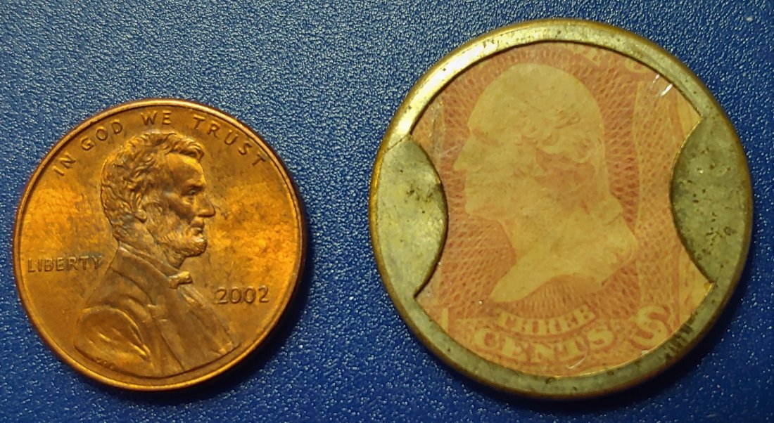 Civil War 1862 Encased Postage Ayers Pills: The US government authorized the monetizing of postage stamps in July 1862 and soon began printing stamp impressions on bank note paper. On August 12, 1862, John Gault received a patent for his Â“D