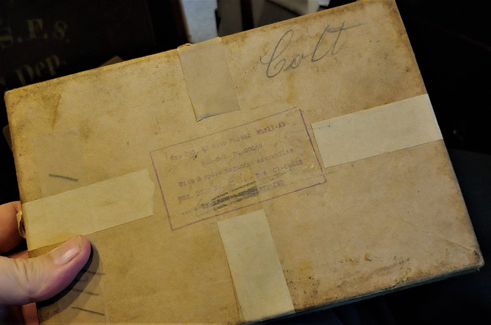 WW2 Factory Shipping Box Colt 45 Automatic by Ithaca: World War Two WWII World War 2 original cardboard shipping box for one Army Model 1911A-1 Colt 45 Automatic. Box is marked on the lid One Cal 45 Auto Pistol M1911-A1 SNL-B-1 01-00040 With 3 spare maga