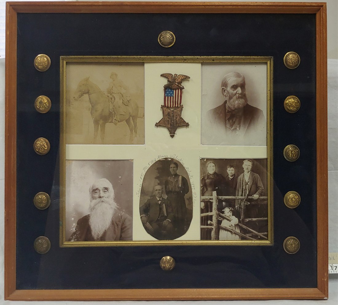 Civil War Armed Confederate Cavalryman with Shotgun: -NO RESERVE-Very attractive framed veteran's display put together by the present day family descendants of Alonzo B. Valentine 10th Michigan Vols. The records carry him as Alonzo Valatine. He served m