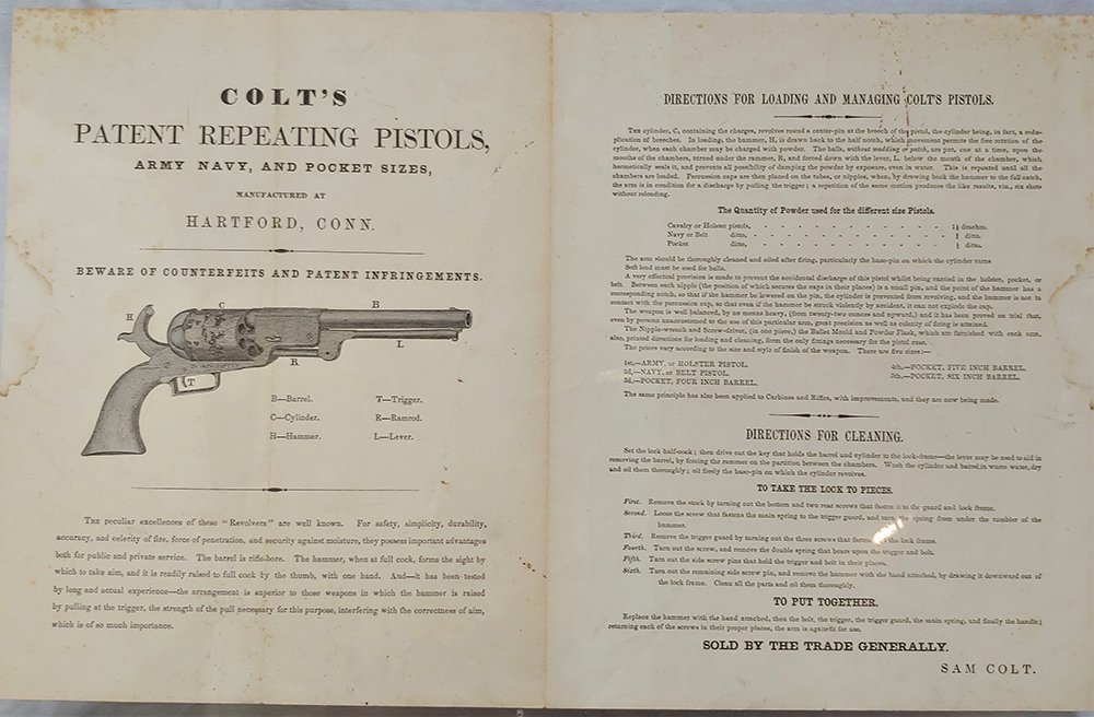 Large 1850 Colt Dragoon Illustrated Instruction Sheet: -NO RESERVE-Really appealing LARGE advertising and instruction broadside measuring 16.5" x 10.5". Printed at or for the Colt factory circa 1850 during Sam Colts heyday. The revolver illustrated on the