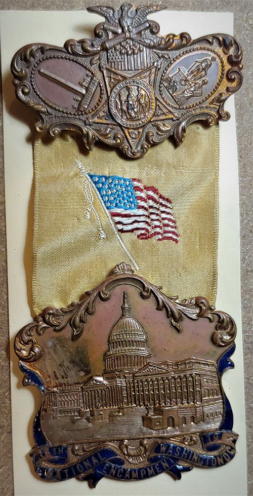 Civil War GAR National Encampment Medal 1902: -NO RESERVE-Excellent specimen of the Delegate's medal or badge from the GAR national reunion, encampment, in Washington DC in 1902. VG condition. Gold ribbon with embroidered US flag. Very pretty. Ea