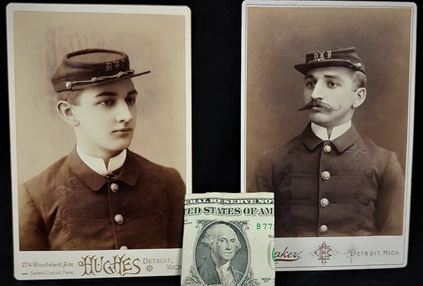 Detroit Light Infantry Two Soldier Photos: -NO RESERVE-Two very clear cabinet cards showing members of the Detroit Light Infantry in tunics and caps with their DLI insignia, looking very sharp with high, white collars as well. And, no, despite