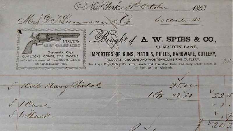 1853 Document Colt Navy, case & Flask Super Letterhead: -NO RESERVE-1853 Pre Printed receipt from famed Gun Dealer A W Spies of New York City. 10% discount given to the buyer of this M1851 Colt Navy revolver, with case, and flask, to D.T. Lanman & Co. Davi
