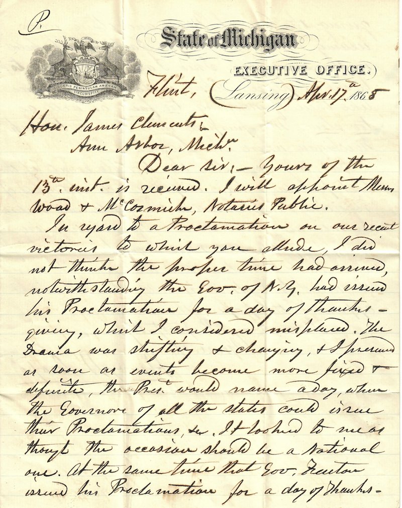 Letter from Gov of Michigan Regarding Lincoln: -NO RESERVE-A very interesting autograph letter signed by Michigan Governor Henry H. Crapo to state representative James Clements of Ann Arbor dated April 17, 1865, just days after the assassination o