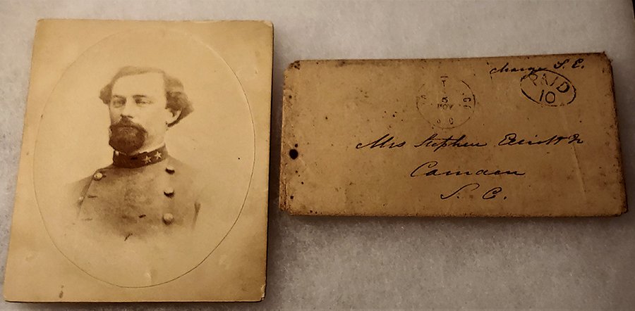 Confederate Officer Photo and Envelope: -NO RESERVE-Photograph of Confederate General Stephen Elliott, Jr., as a lieutenant colonel, along with an envelope addressed to his wife. He is shown in the regulation uniform of a Confederate Lt. Co