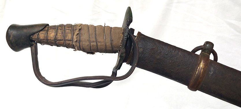 Civil War Confederate Cavalry Saber: -NO RESERVE-Dirty, bent, and beat up.... A really appealing genuine Confederate cavalry saber and its original scabbard. As cornpone as it gets. One branch broken and gone, others bent. From an ages o