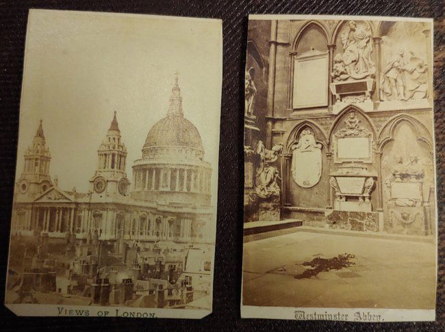 CDV GRAND TOUR LONDON: Two CDVs from the European tour of an American family in 1872. "View of London" and "Westminster Abby."We can ship this lot safely sandwiched between cardboard in a first class envelope for $2 or by U