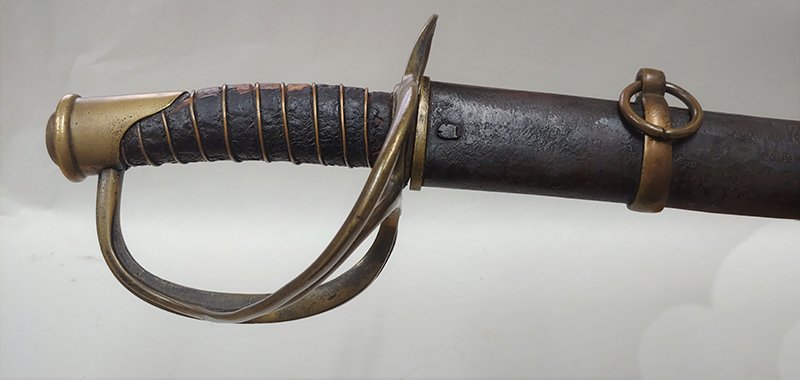 Confederate Boyle Gamble Flat Blade Saber w scabbard: A classic and scarce Confederate Boyle and Gamble, Richmond, flat-blade cavalry saber with a brass-mounted lap-seamed scabbard. The hilt is a conventional three branch cavalry style hilt with well def