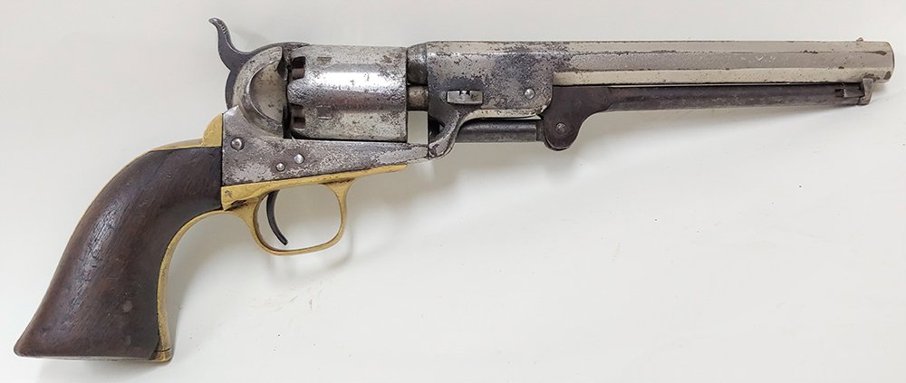 Civil War Colt Navy Revolver Tin or Nickel: Model 1851 Colt Navy revolver. SN 112,171 made in 1861, all matched INCLUDING the wedge. Frame, cylinder, and barrel plated with tin or nickel. I'm leaning toward nickel. Barrel has New York address. 