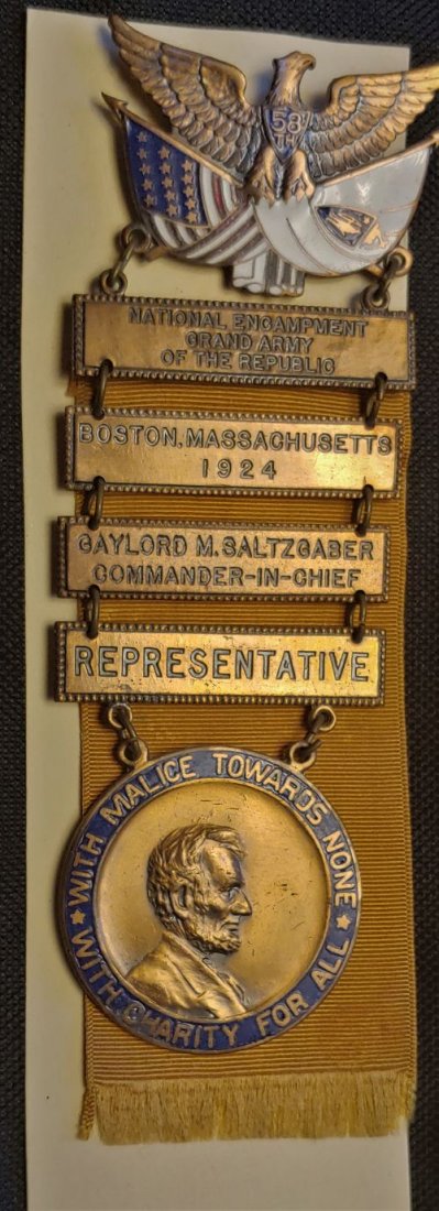 Civil War GAR National Encampment Badge 1924: The GAR held an annual --National Encampment--- every year from 1866 to 1949. They were held in different large cities each year and were considered big and important events. Veterans from across the 