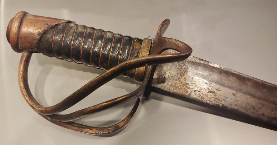 Confederate Marshall Cavalry Saber ATLANTA: Very scarce Confederate cavalry saber (no scabbard). This pattern was issued with crude wooden scabbards, which is not present here. (See lot for an identical example WITH the original wooden scabbard