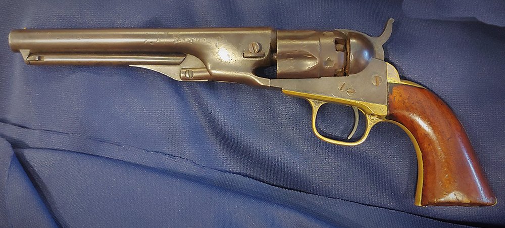 Inscribed Colt Police Revolver 130th Ohio Infantry: Colt Model 1862 Police Revolver. Despite its 1862 designation, Flayderman says production started in 1861. The pistol was serial numbered in its own range and production reached the 32,000 range by De