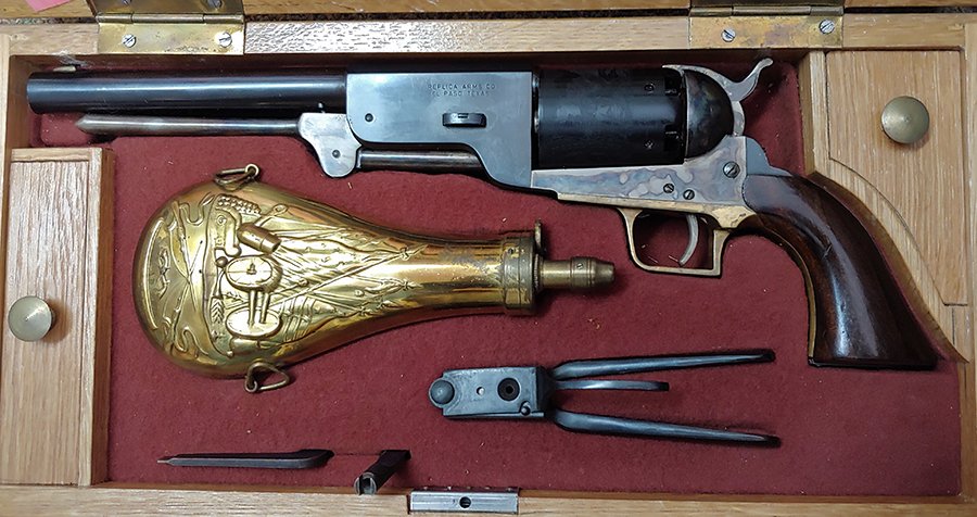 Like New Colt Walker Black Powder Cap & Ball revolver: Super cap and ball black powder Walker .44 caliber dragoon revolver cased with all accessories, in the original blonde wooden casing with proper accessories. This is an example of the very first repli