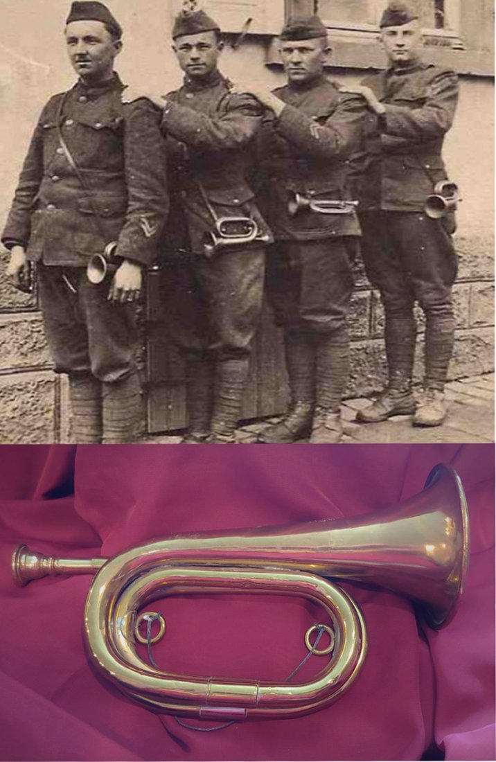 World War 1 wwi ww1 Army Bugle: A stellar contract double twist brass army bugle made, marked, and dated by the Wurlitzer company. Nicely marked in a good clear strike is -Wurlitzer Chicago Depot SPEC 1152 8/28/17- Excellent con