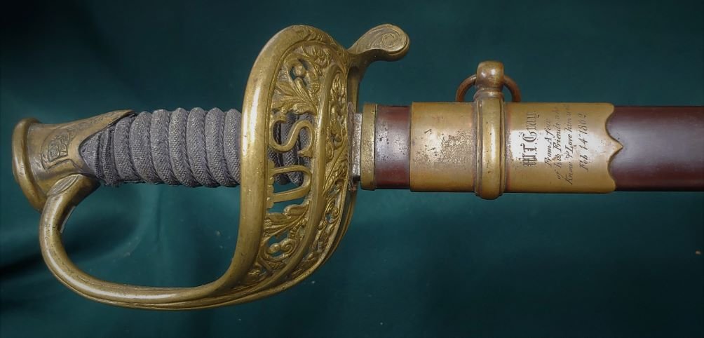 Superb Civil War Presentation Sword Illinois Wisconsin: Absolutely honest and real and beautiful is this Model 1850 Staff and Field officer's sword with lengthy presentation inscription and engraved Masonic artwork. Condition is fine overall. 100% original