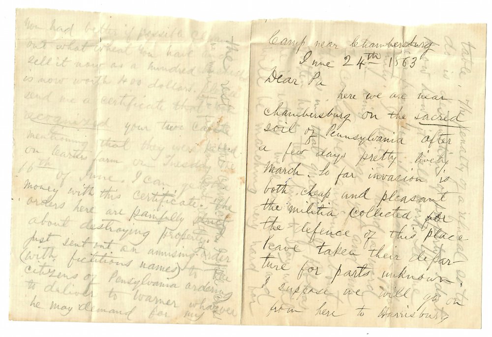 PRE GETTYSBURG LETTER STONEWALL BRIG & Stamped Cover: This wonderful letter was written on the march to Gettysburg by Captain William W. Randolph, Co. C, 2nd Virginia Infantry of the Stonewall Brigade. He writes to his father from a camp near Chambersbur