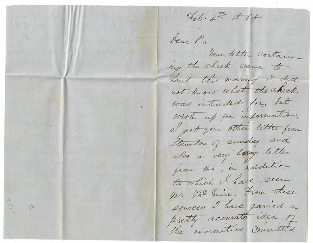 CONFEDERATE STONEWALL BRIGADE LETTER WITH COVER: This is one of several letters we are offering from the Randolph family of Clarke County, Virginia. This one is dated Feb. 4, 1864, written by W.W. Randolph to his father Robert Carter Randolph. The e