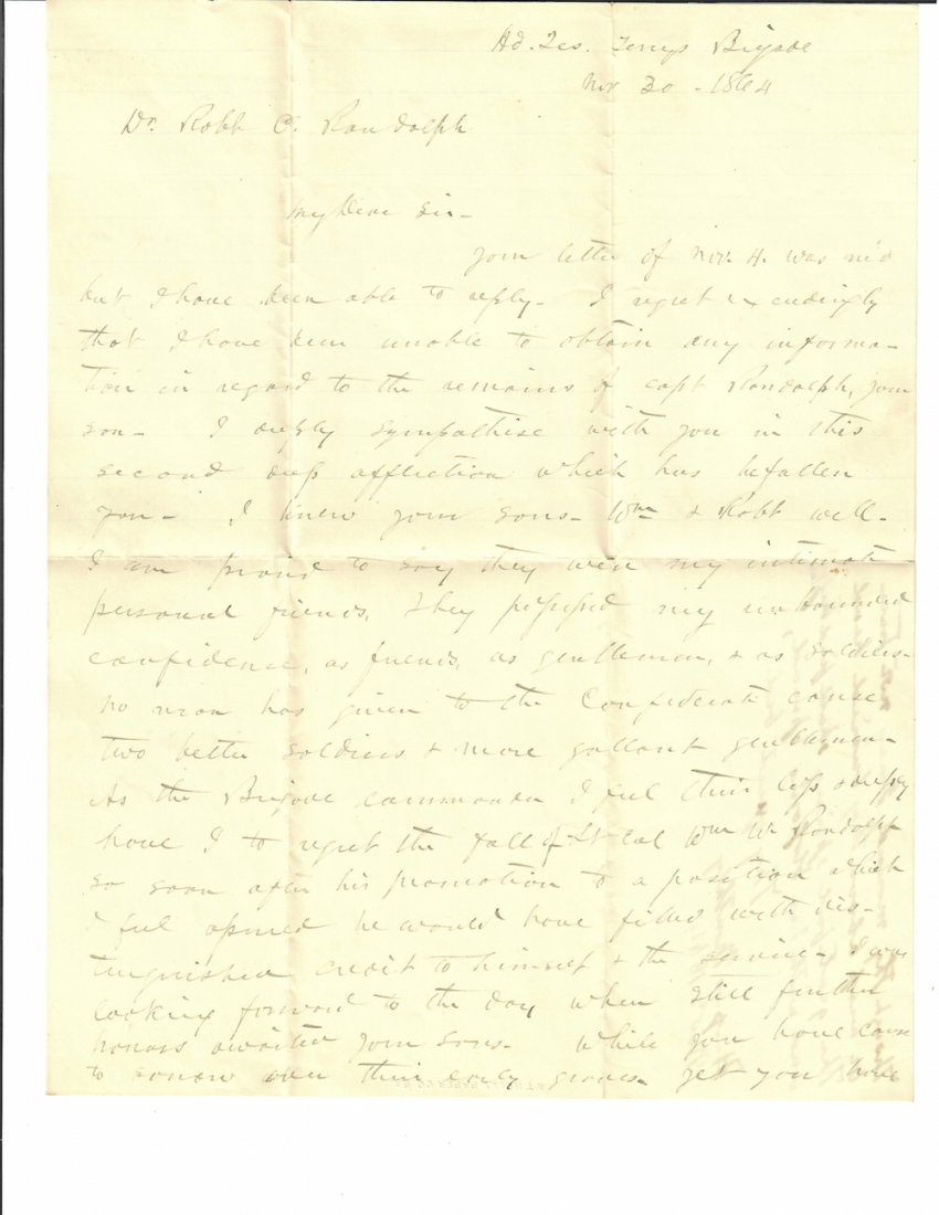 Confederate Gen. Wm Terry Stonewall Brigade ALS & Cover: About as sad and touching a Confederate letter as exists anywhere. A handwritten and signed letter by General William Terry (Commander of The Stonewall Brigade) to the patriarch of the Virginia Randol