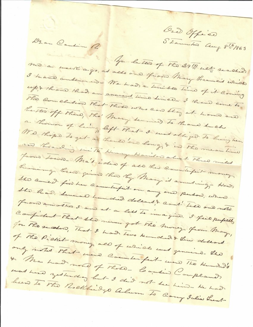 CONFEDERATE LETTER COUNTERFEIT REBEL CURRENCY & SLAVES: In this letter from Staunton, VA, dated August 8. 1863, Major Beverley Randolph CSA asks cousin Doctor Robert Carter Randolph, in Clarke County, whether he has been visited by the Yankees yet, & recom