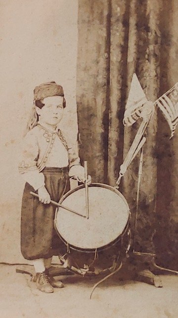 Civil war CDV photo little drummer boy Zouave: Here is a wonderful little Civil War image. Someone-s darling son is all dressed up in uniform with his drum and a stand of flags. Very patriotic. Very cool. UPDATE--- we are reliably informed this dr