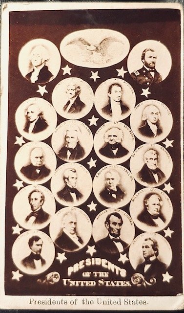 CDV photograph of all the presidents of the United Stat: In the past 50 years I do not recall ever having seen this composite photograph of all of the presidents of the United States from George Washington up to U.S. Grant. Under magnification the likenesse
