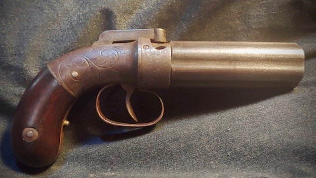 Allen And Thurber Pepperbox pistol: A very good example of the Mexican war era pepperbox pistol made by Allen and Thurber. Nicely marked in one of the barrel flutes Allen and Thurber Worcester. Deeply stamped on the bar hammer is Allen�