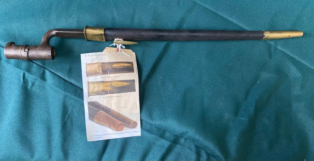 Ultra Rare Georgia Confederate Enfield Bayonet: I've never seen another so marked. English made Enfield socket bayonet with English proofs in the original English made leather scabbard. Confederate export number engraved on the top scabbard mount. 