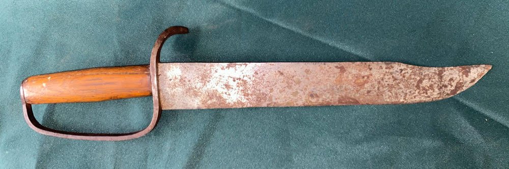Dead Real Confederate Bowie Knife: Classic Confederate D-guard Bowie Knife with iron knuckle bow and guard, Ash wood grip. Hand forged clipped point steel blade of 13 inches & overall length 18 inches. My recollection is that this form