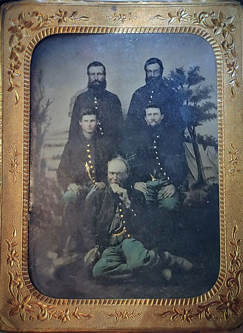 Civil War Tintype 5 soldiers Hardtack & Canteen: Quarter plate tintype in mat, frame. and glass. No case. Wonderful group pose of 5 Union soldiers in infantry uniforms. These guys may be 1st Corps Gettysburg soldiers. (Another image came with this s